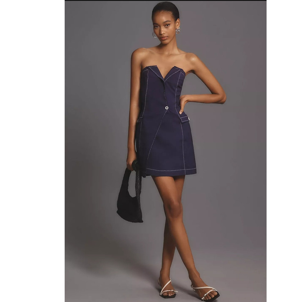 NWT Anthropologie Maeve Strapless Linen Mini Dress $158 SIZE 8 Blue Stetchy - Picture 3 of 5